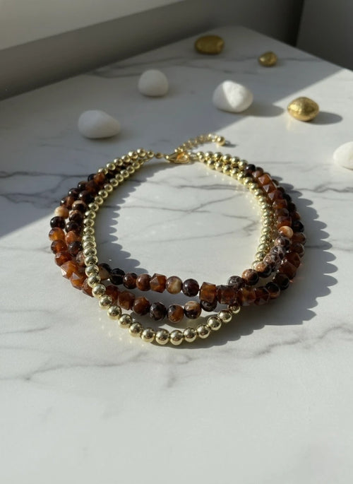 Amber Statement Layer Kolye – Üç Sıra Katmanlı Doğal Taş Tasarım